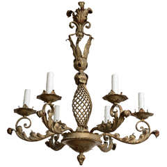 Vintage French Wrought Iron Chandelier, Six Candle Arms with Washed Finish, Circa 1900