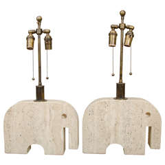 Vintage Pair Of Travertine Elephant Table Lamps