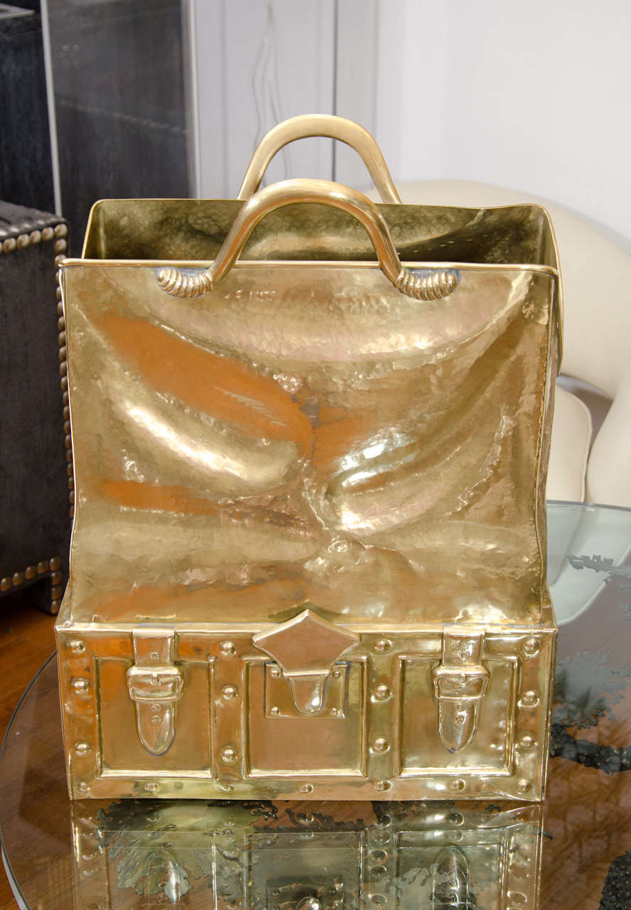 Hammered brass vintage leather handbag form umbrella stand.

View our complete collection at www.johnsalibello.com