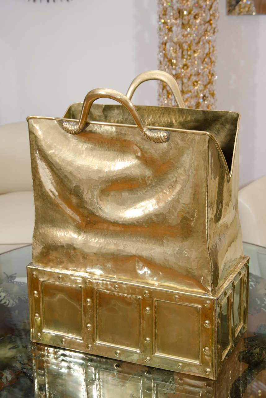 Mid-Century Modern Hammered brass vintage leather handbag form umbrella stand