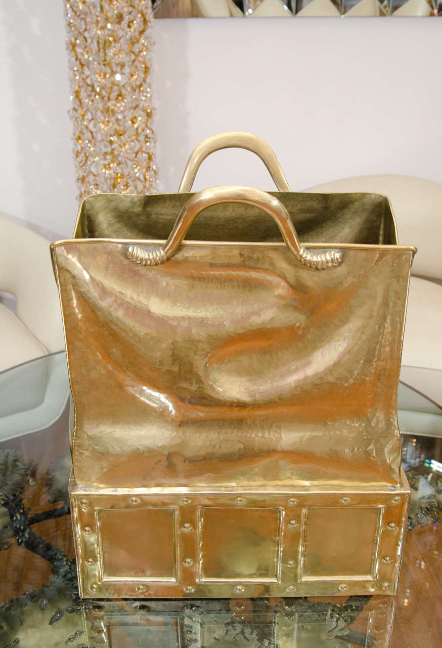 Italian Hammered brass vintage leather handbag form umbrella stand