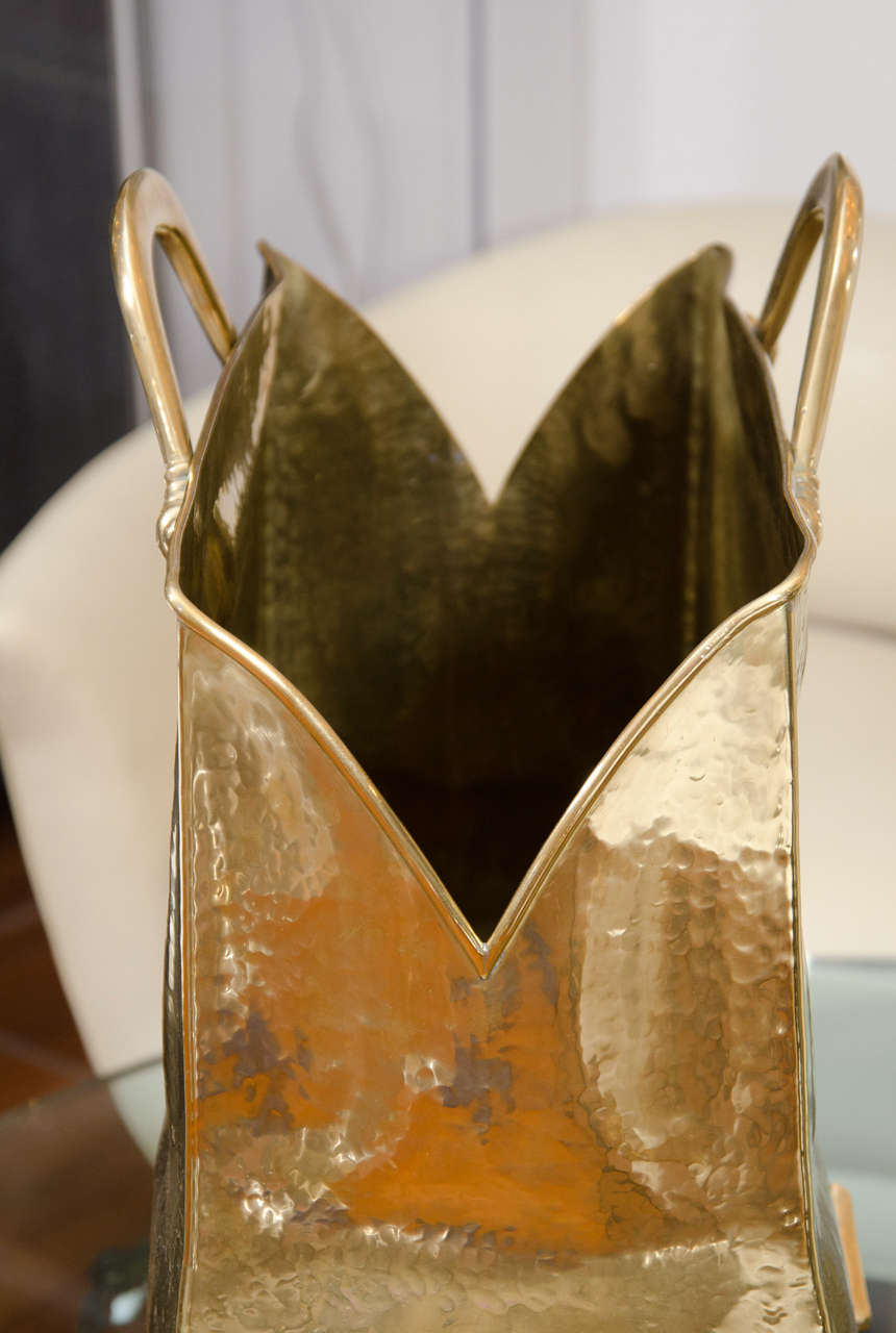 Brass Hammered brass vintage leather handbag form umbrella stand