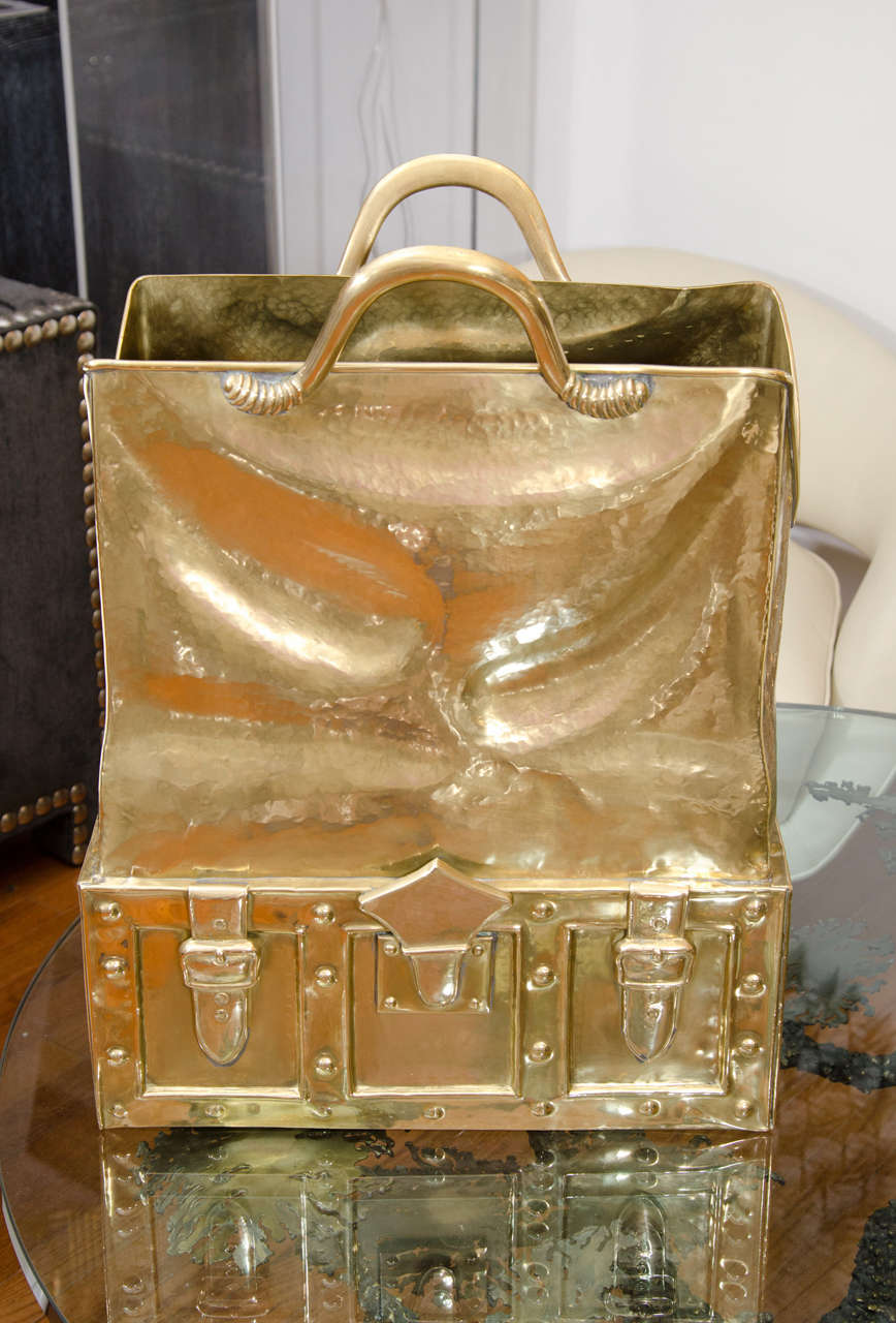 Hammered brass vintage leather handbag form umbrella stand 1