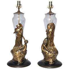 A pair of Highly Detailed Sculptural Art Nouveau Bronze and Glass Table Lamps