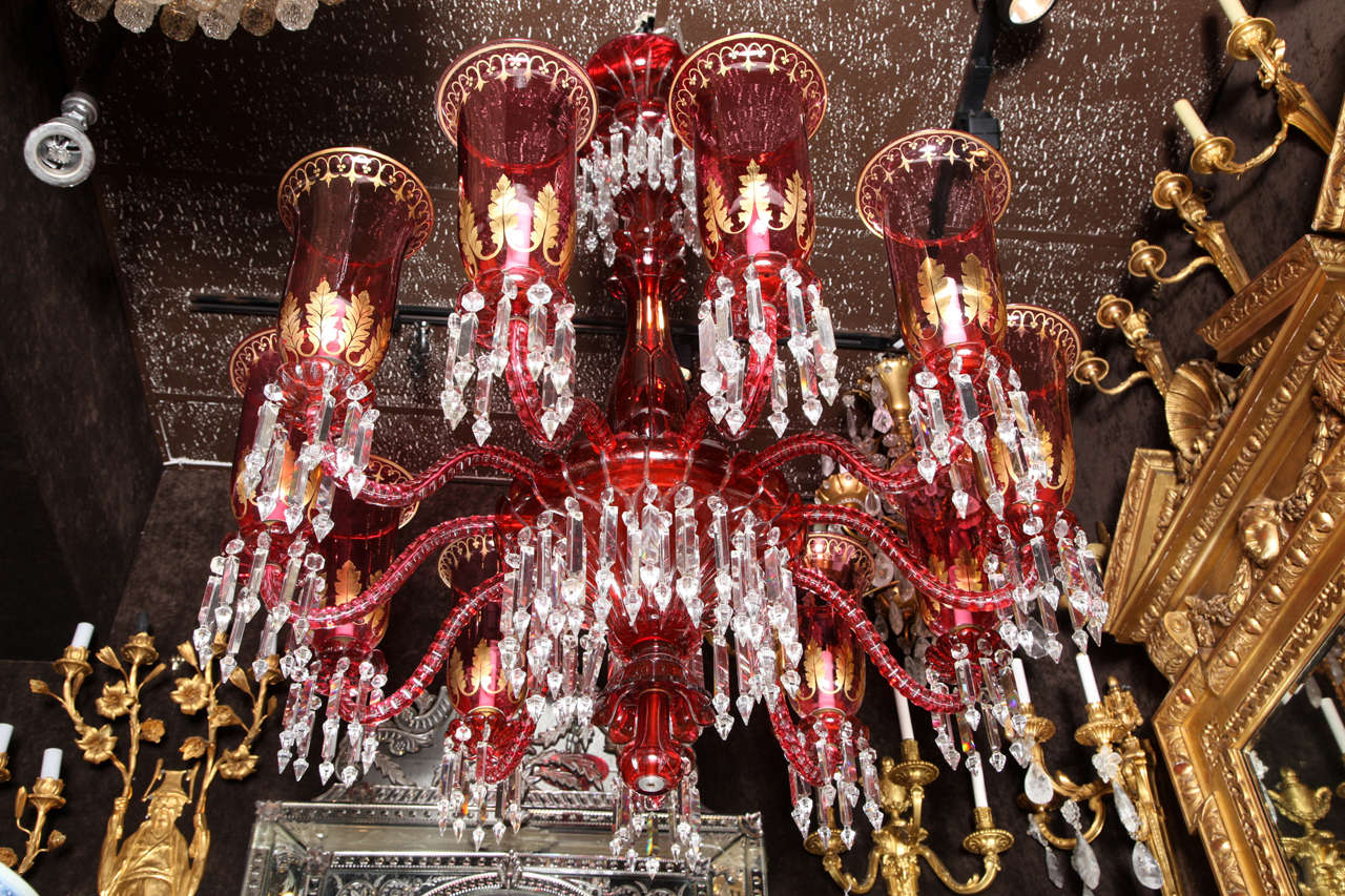 Antique Baccarat Ruby Red and Clear Crystal Eleven-Light Chandelier In Excellent Condition For Sale In New York, NY