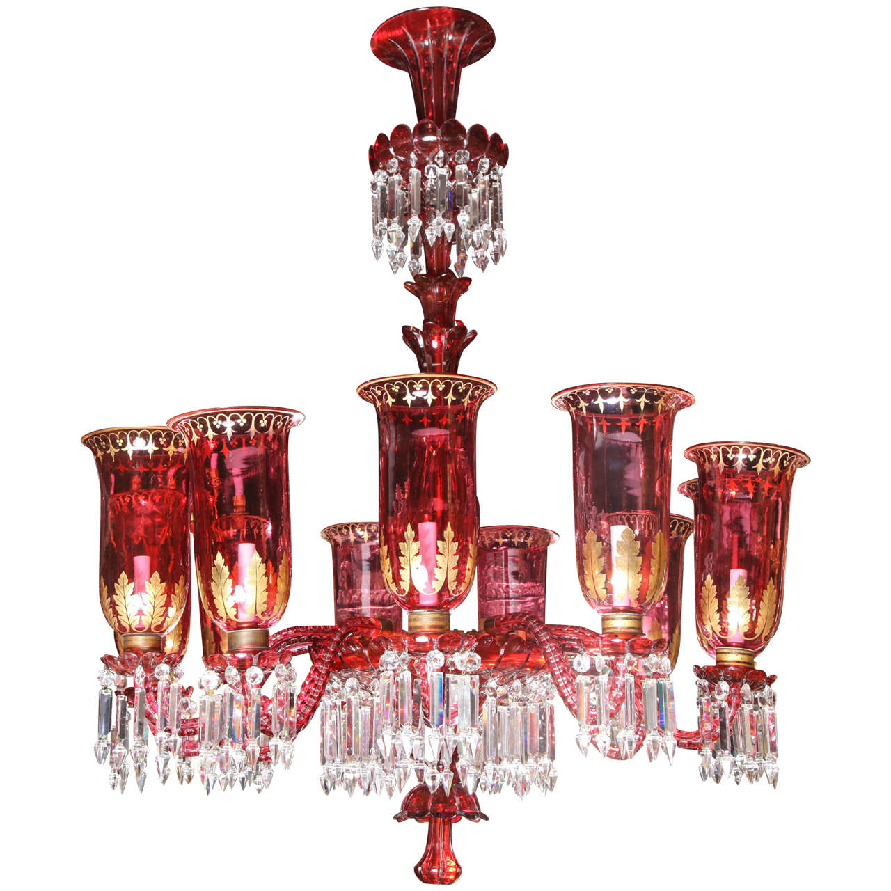 Lustre antique à onze lumières en cristal rose et clair de Baccarat