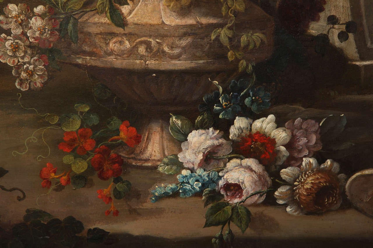 Canvas Pair of Still Life Paintings of Flowers, French, 18th Century, Original Frames