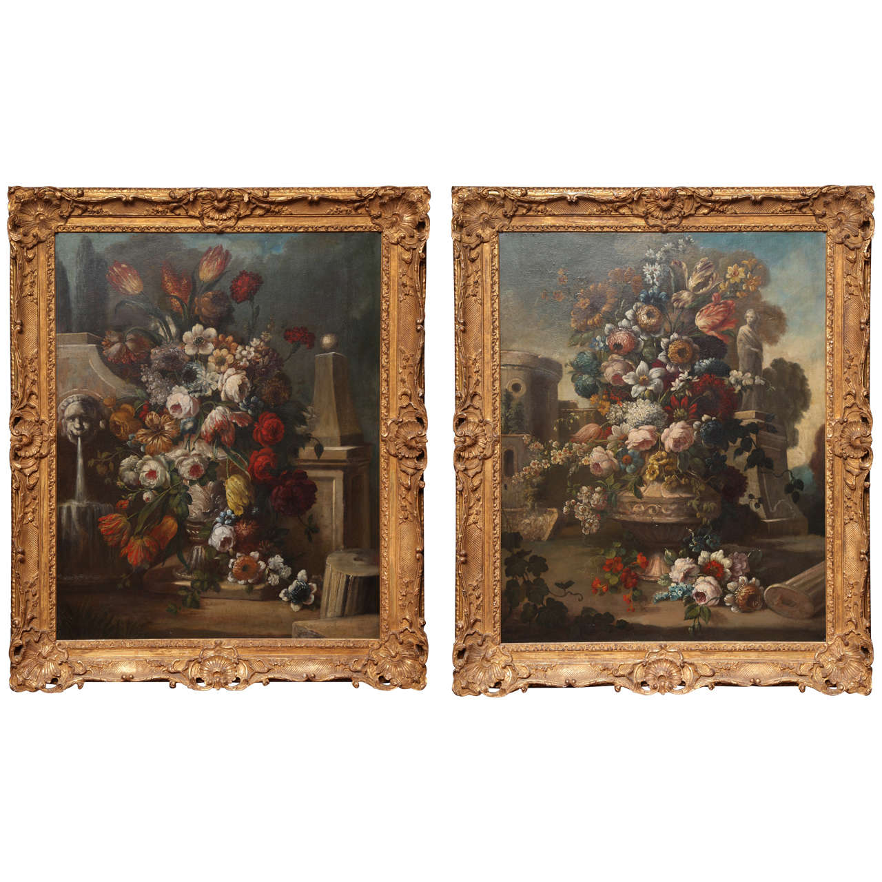 Pair of Still Life Paintings of Flowers, French, 18th Century, Original Frames