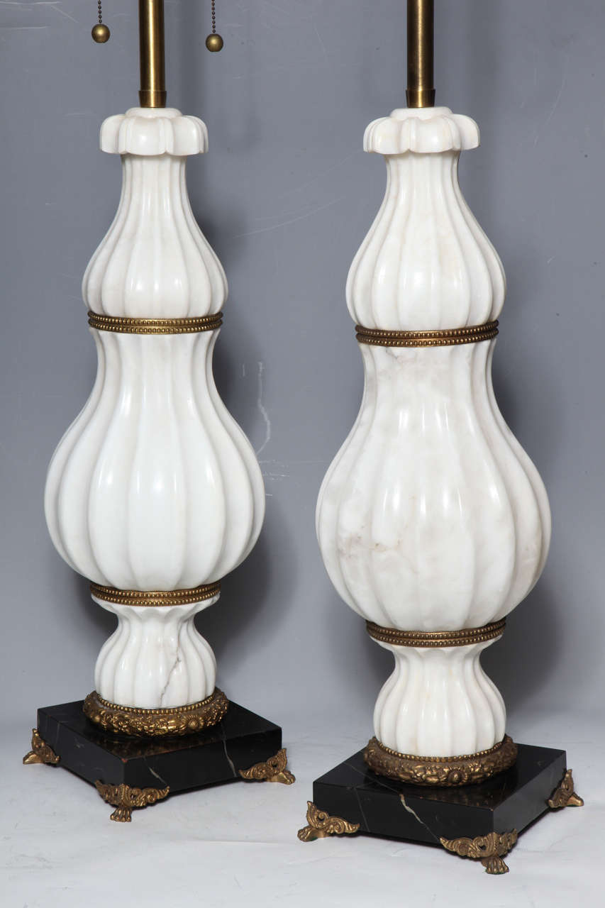 American Pair of White Marble and Bronze Art Deco Lamps Attributed to E. F. Caldwell For Sale