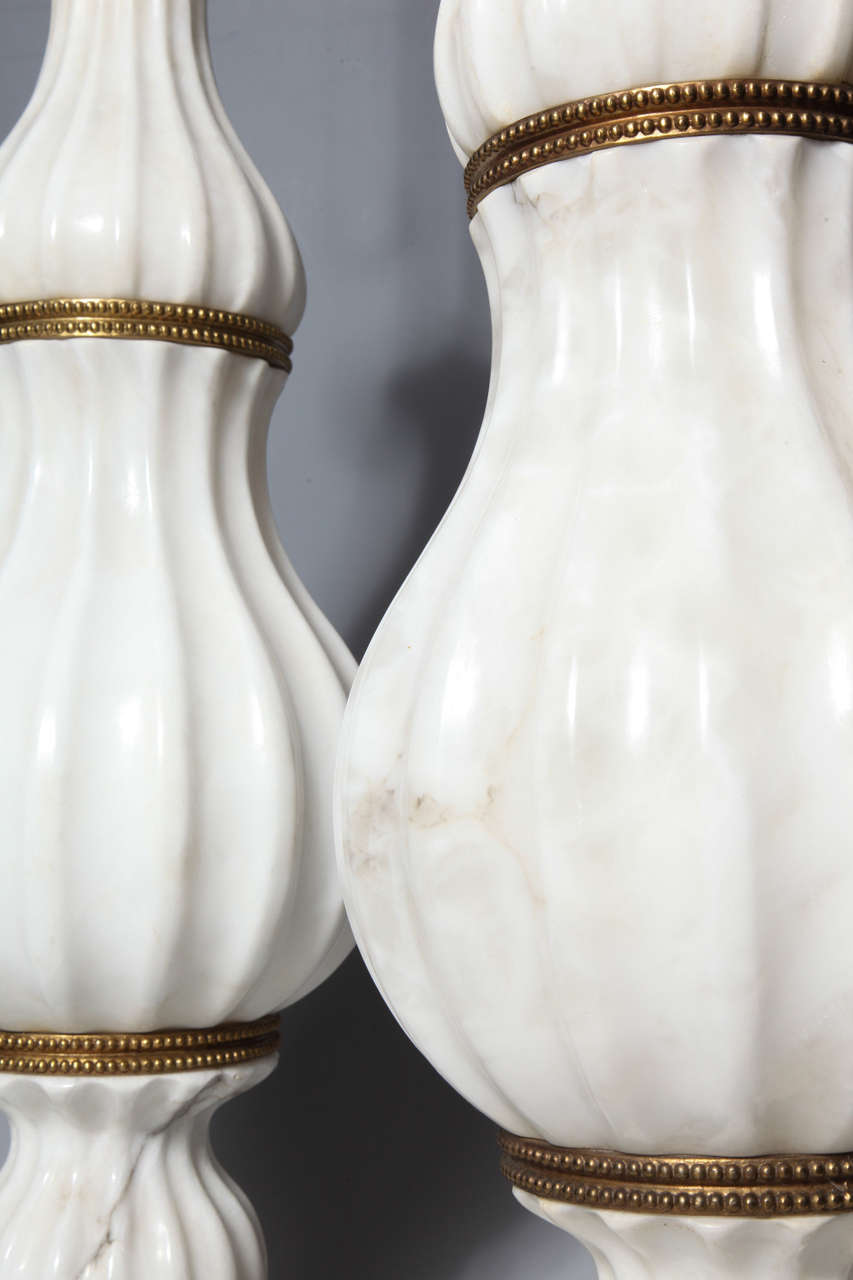 Pair of White Marble and Bronze Art Deco Lamps Attributed to E. F. Caldwell For Sale 3