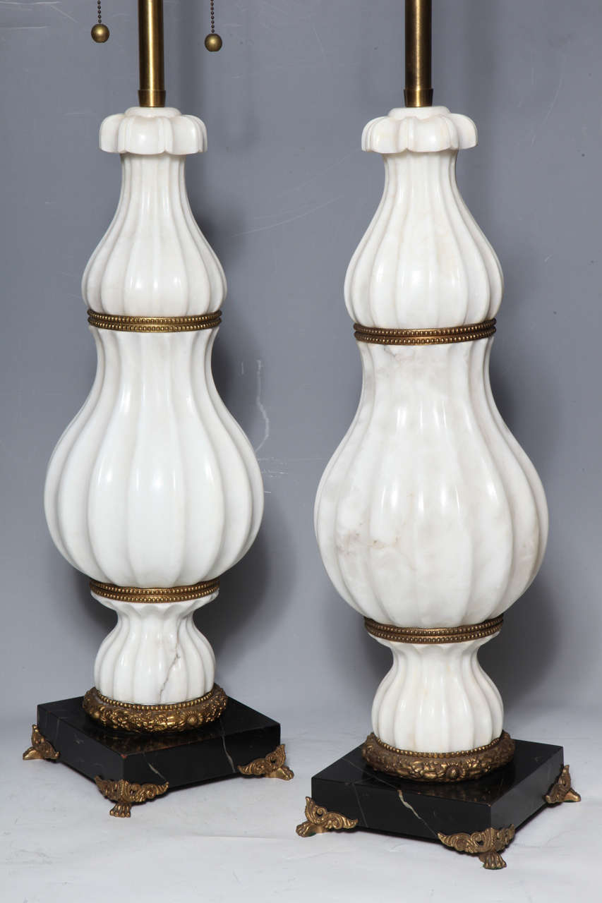Pair of White Marble and Bronze Art Deco Lamps Attributed to E. F
