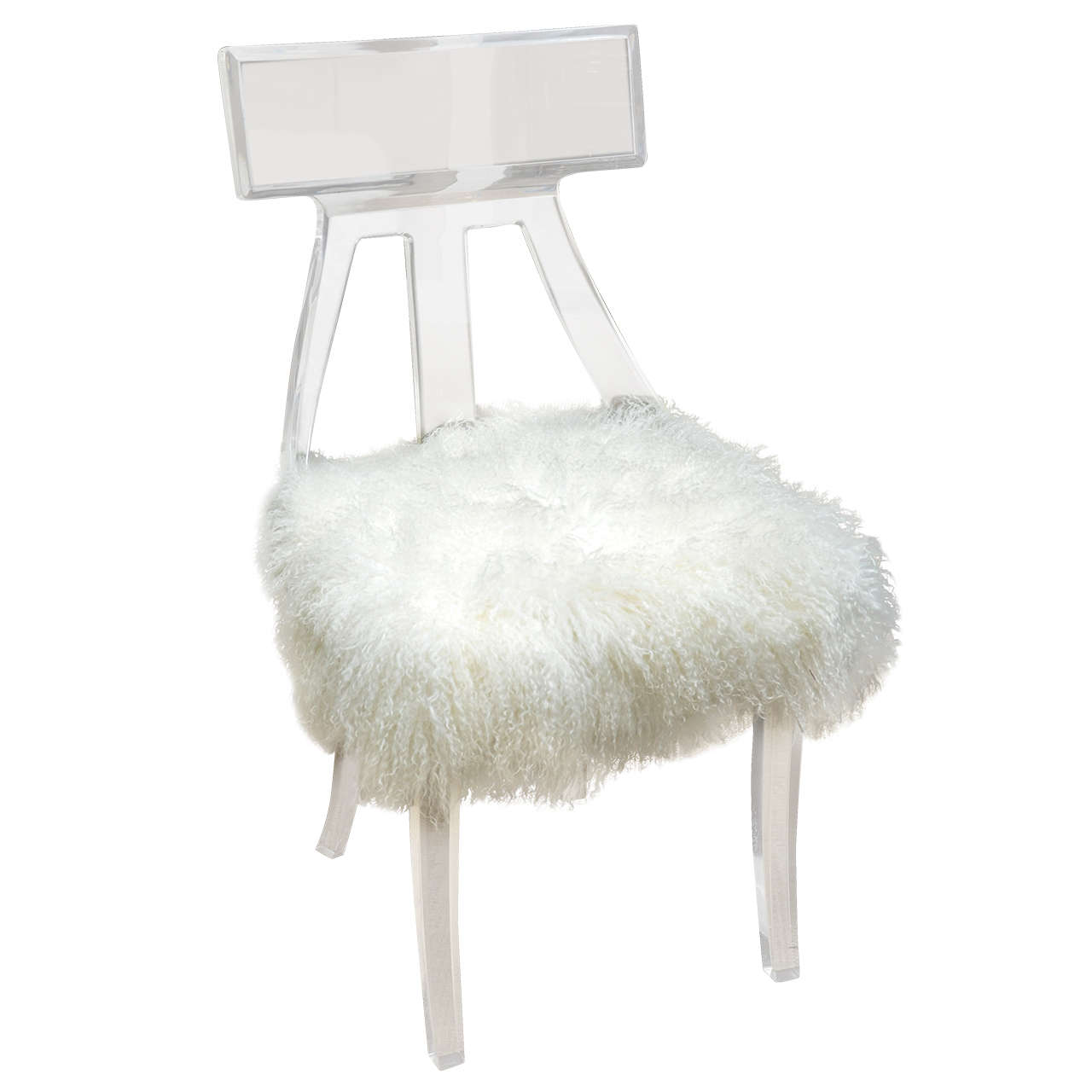 Vintage Lucite Desk Chair Upholstered in Mongolian Lamb