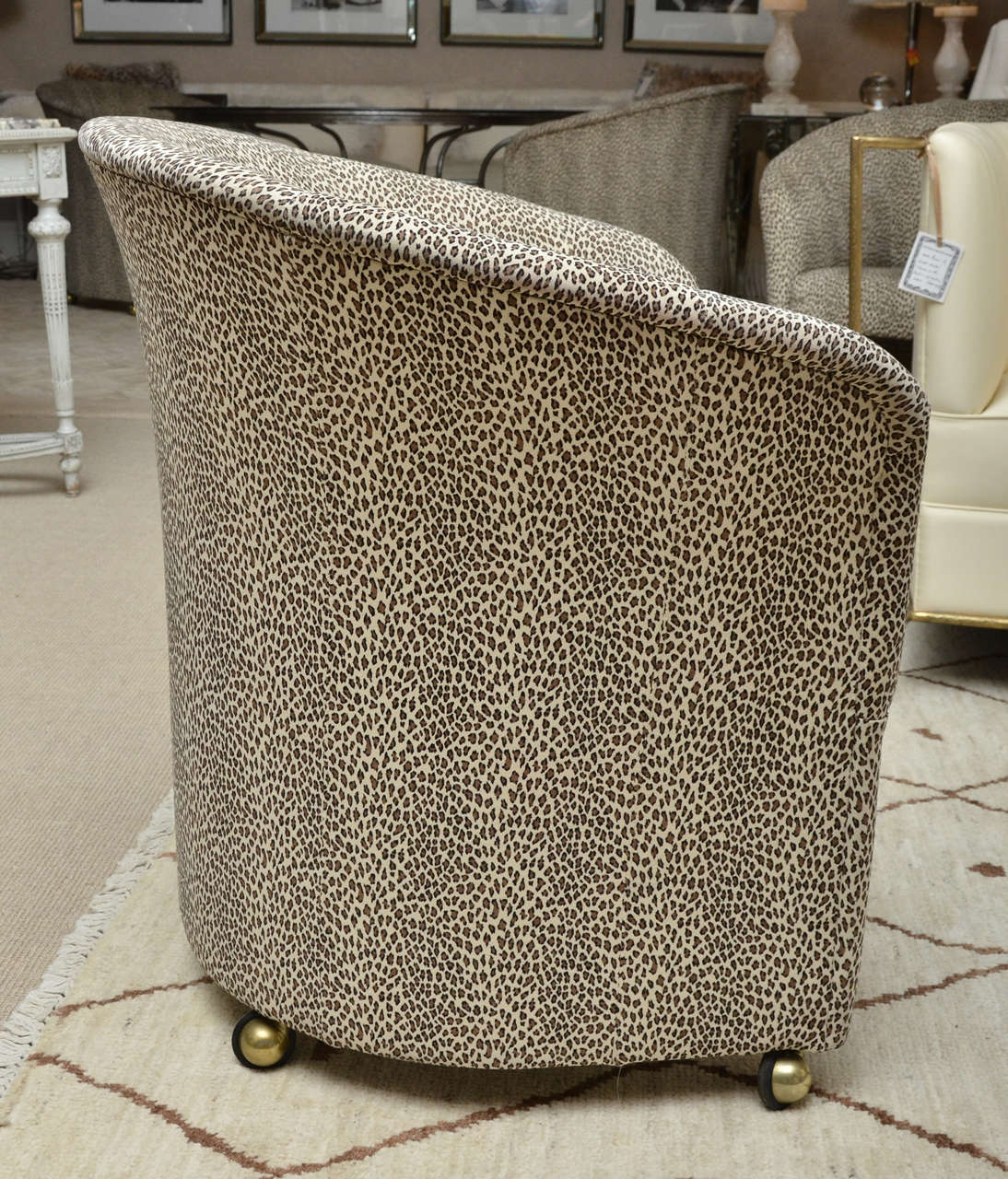 Set of Four Baby Leopard Suede Barrel Back Armchairs on Casters In Excellent Condition In Water Mill, NY