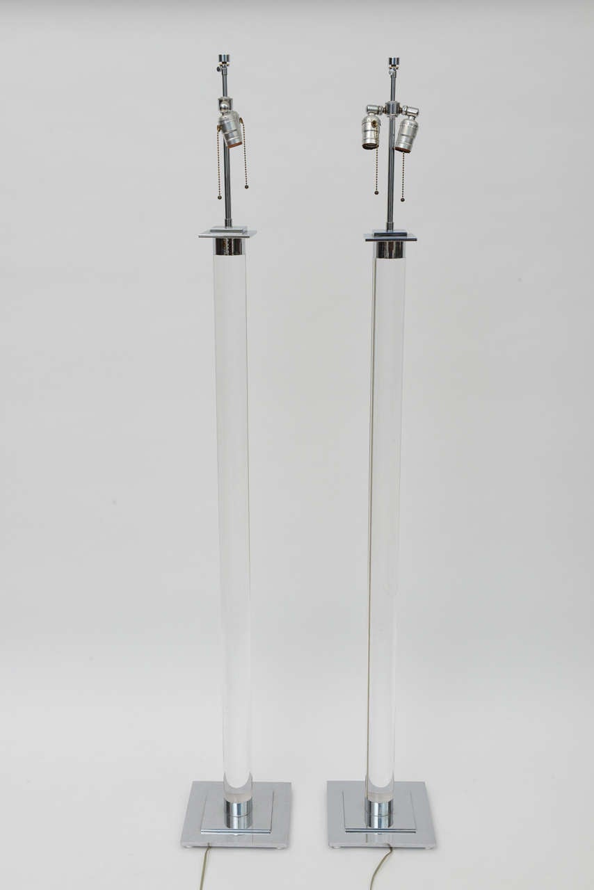 Pair of Lucite and Chrome Standing Lamps, Karl Springer 1