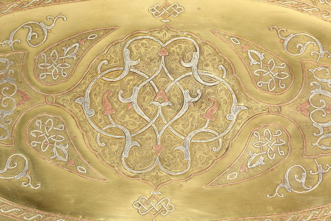 Persian Antique Middle Eastern Tray Inlaid with Islamic Writing in Silver and Copper
