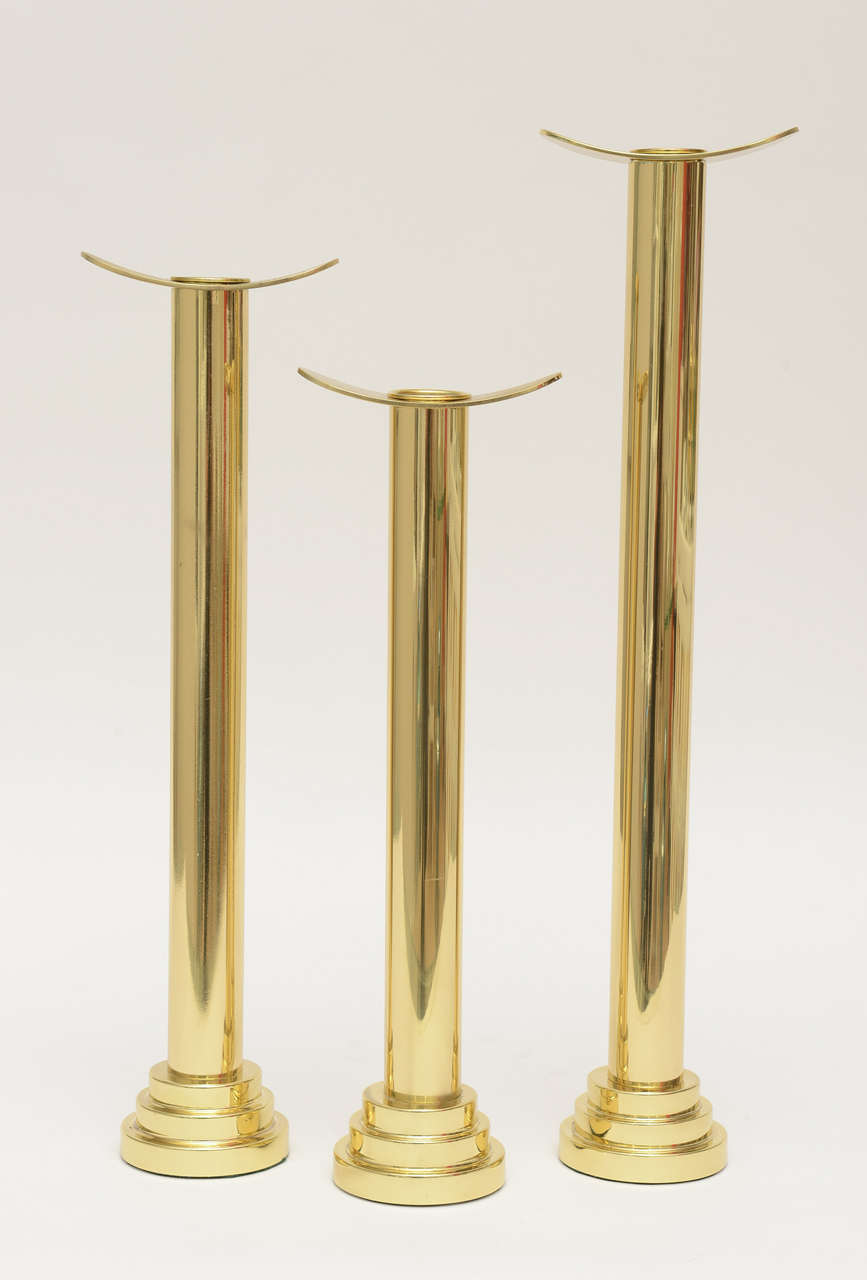 Modern Trio of Graduated Polished Brass Sculptural Candlesticks / SATURDAY SALE