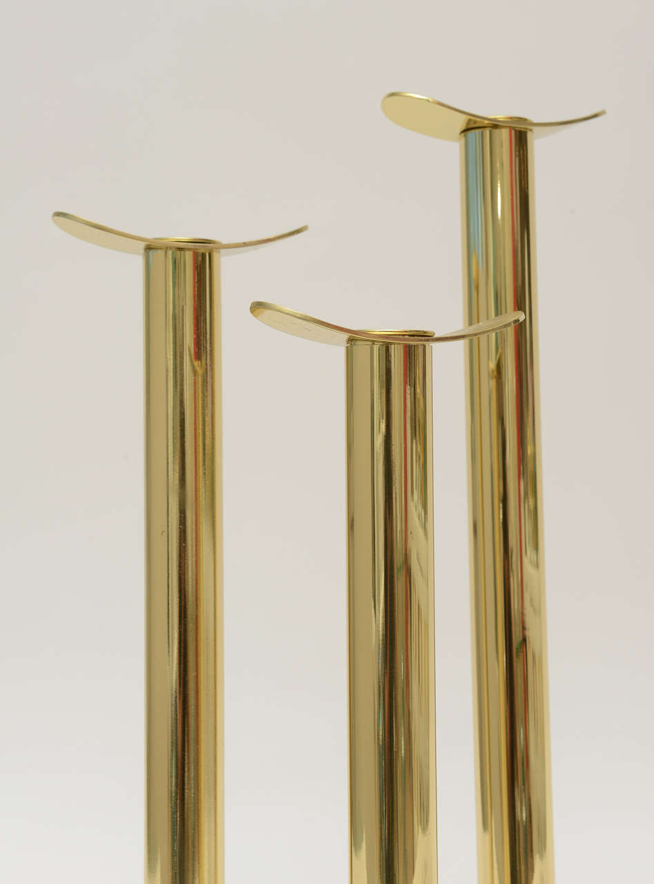 Late 20th Century Trio of Graduated Polished Brass Sculptural Candlesticks / SATURDAY SALE