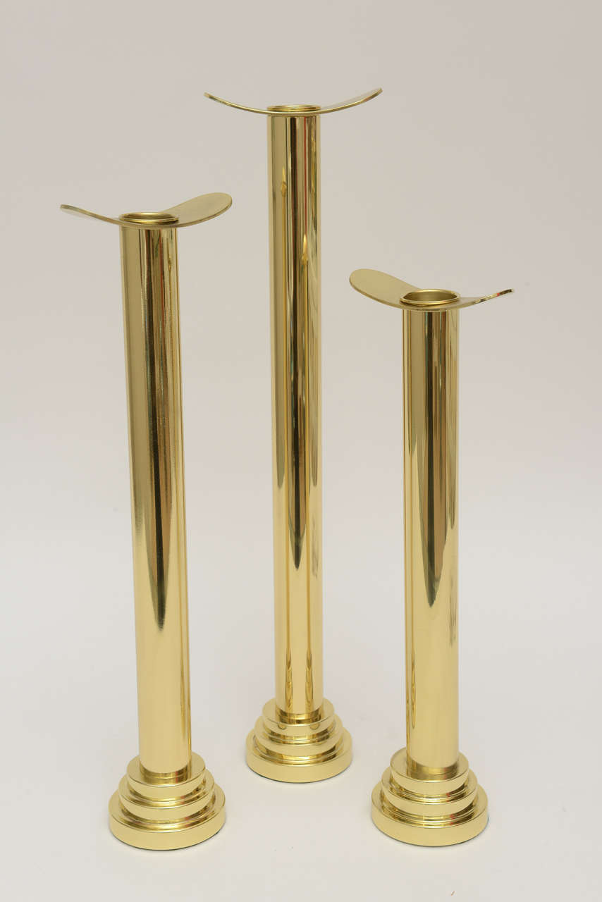 Trio of Graduated Polished Brass Sculptural Candlesticks / SATURDAY SALE 2