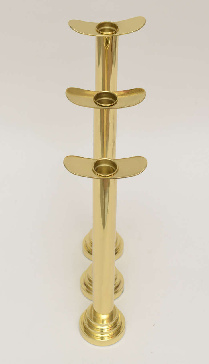 Trio of Graduated Polished Brass Sculptural Candlesticks / SATURDAY SALE 3