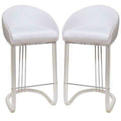 Lion in Frost Pair of Lucite and Upholstered Swivel Bar Stools/ SAT.SALE