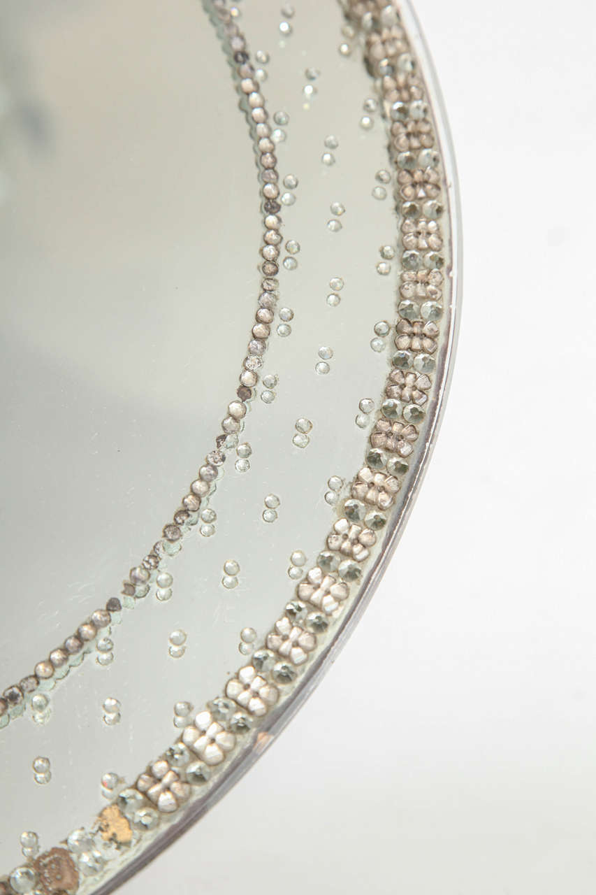 French Art Deco Round Glass Jeweled Standing Vanity Mirror