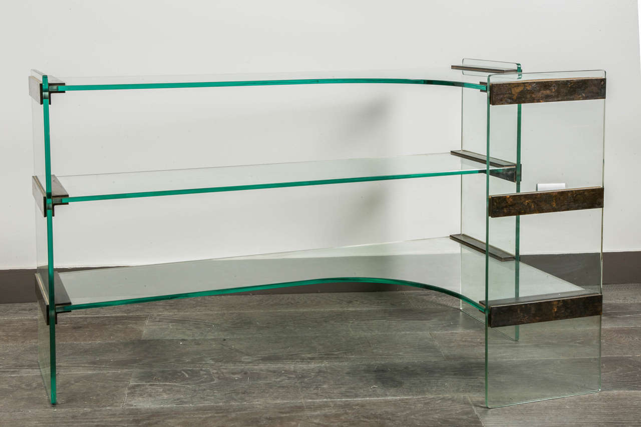 Rare console or sofa table, unusual design with bronze and glass.
In style of Quinet's productions,
circa 1960.