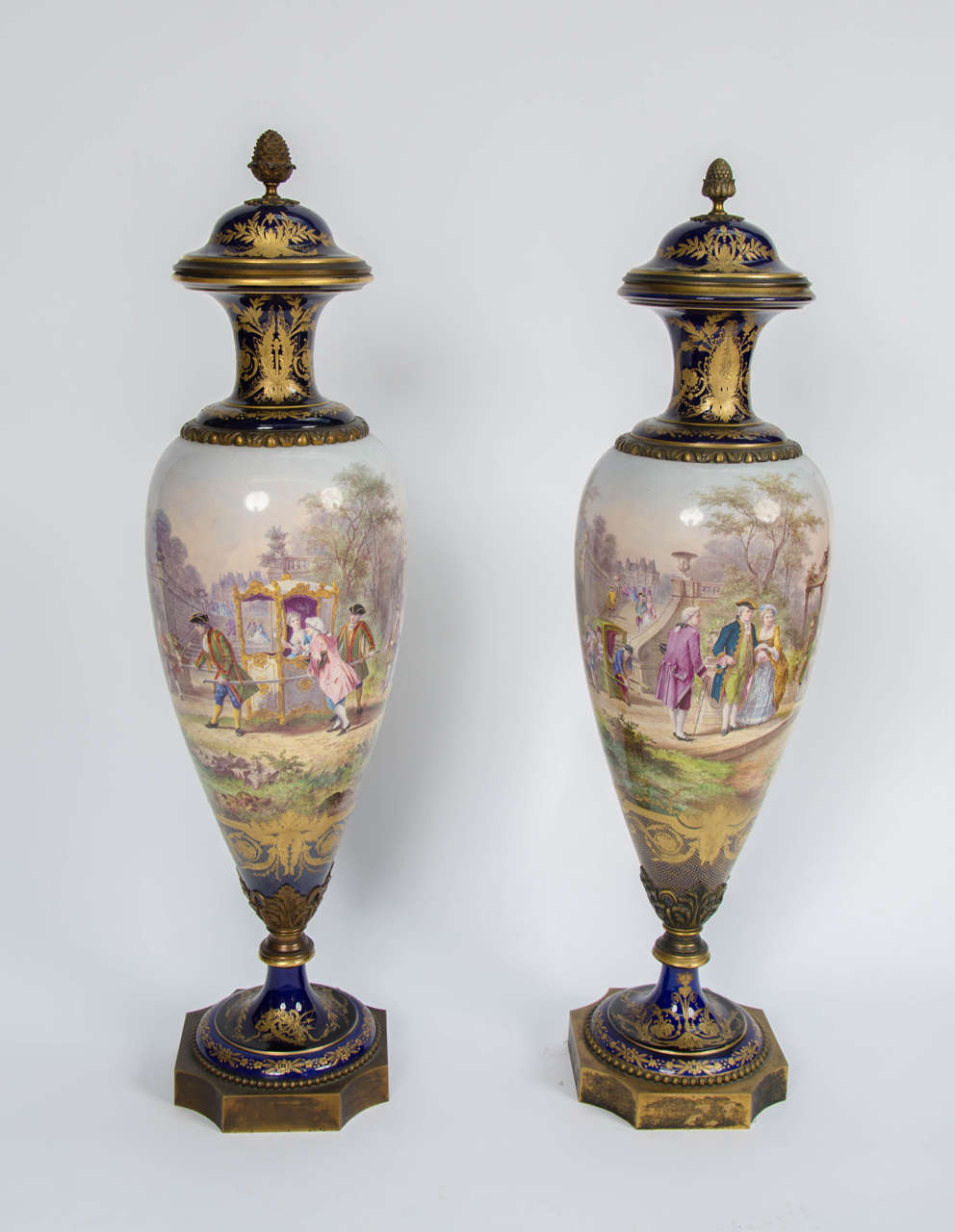 A very good quality pair of French Sèvres Porcelain, ormolu-mounted vases, depicting romantic scenes. 
Signed; 'H. Desprez'.