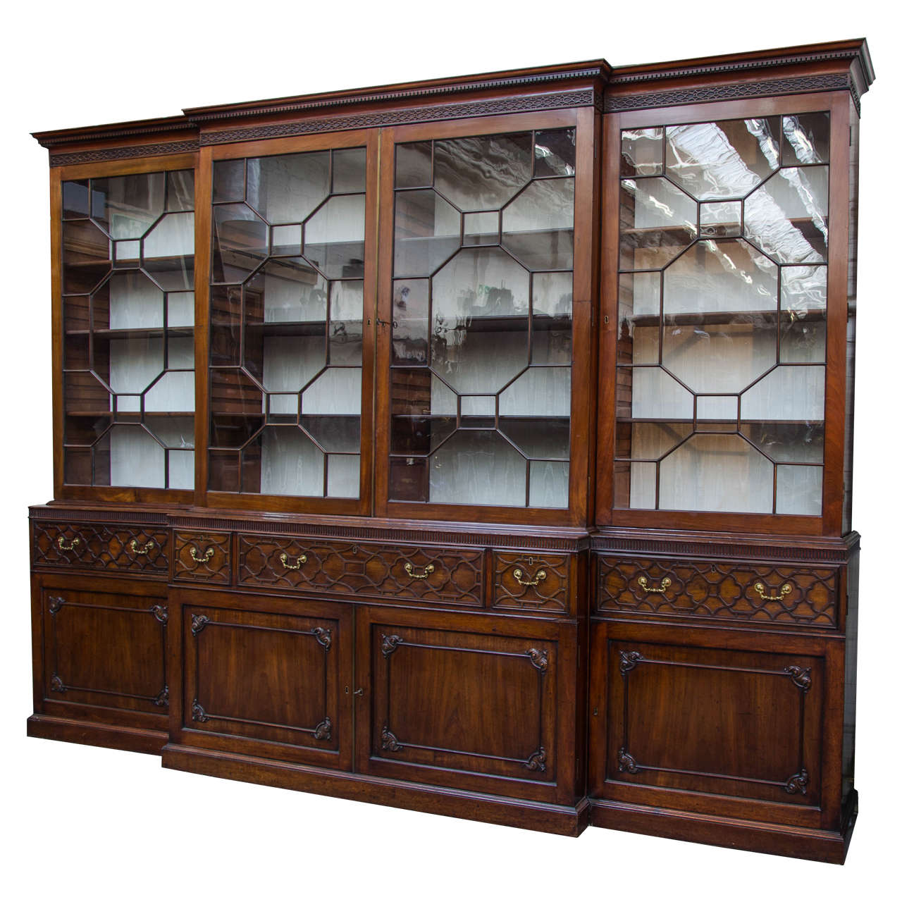 Large Mahogany Chippendale Period Breakfront Bookcase For Sale