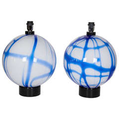 Pair of Geometric Murano Glass Globe Lamps in the Style of Venini