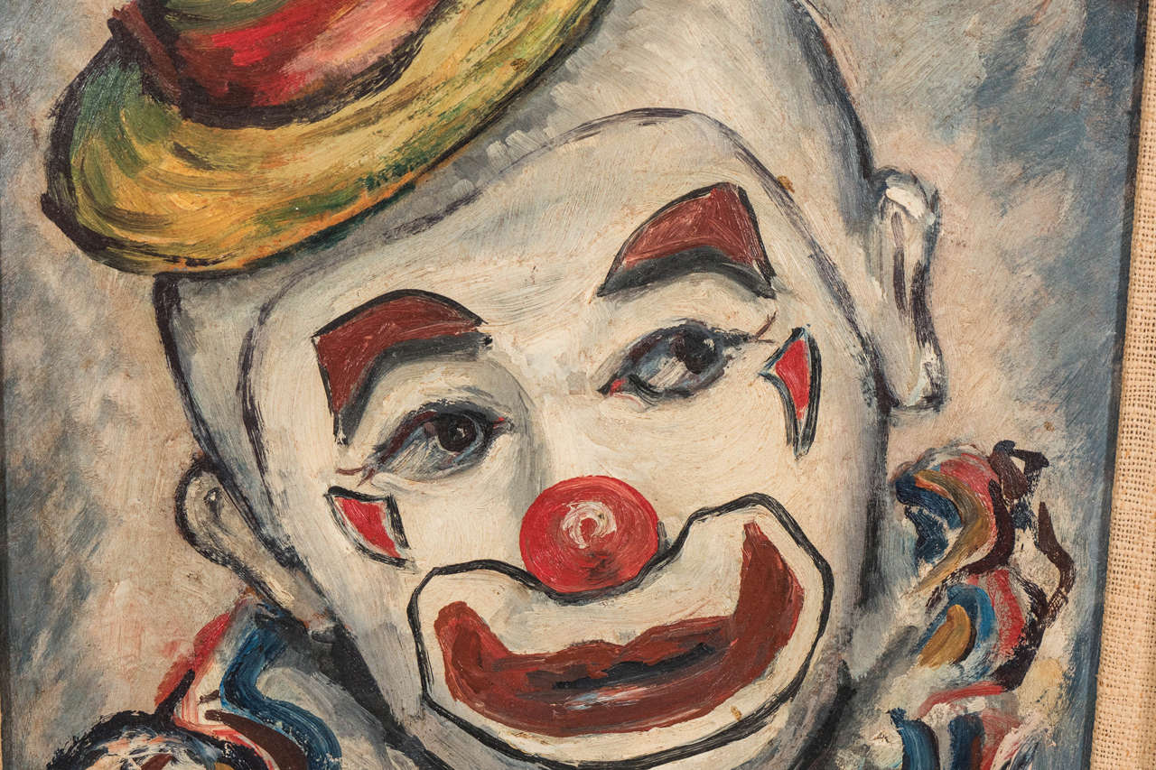 Mid-Century Modern Midcentury Painting of a Sad Clown by Artist Philip Kran Paval