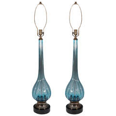 Pair of Midcentury Blue Murano Glass Table Lamps by Archimede Seguso