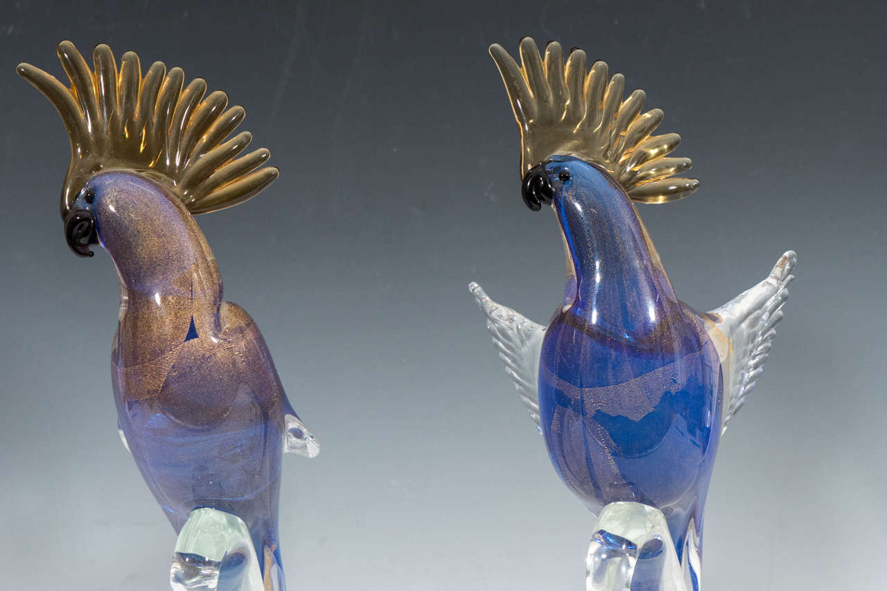 Gold A Pair of Archimede Seguso 'Sommerso' Murano Glass Cockatoos