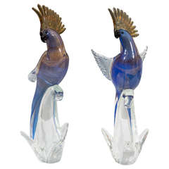 A Pair of Archimede Seguso 'Sommerso' Murano Glass Cockatoos
