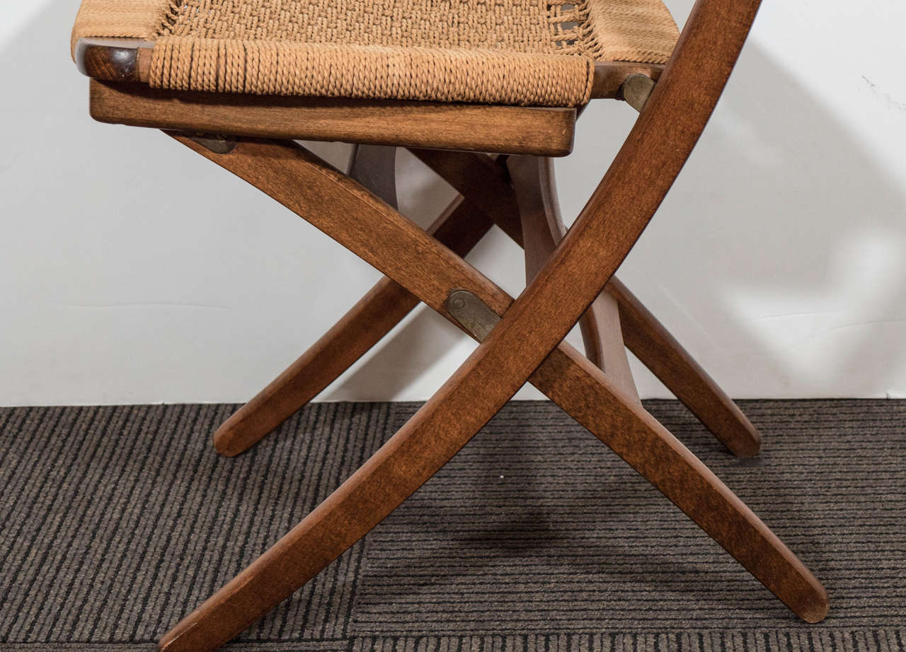 Papercord Set of Four Midcentury Folding Chairs in the Style of Hans Wegner