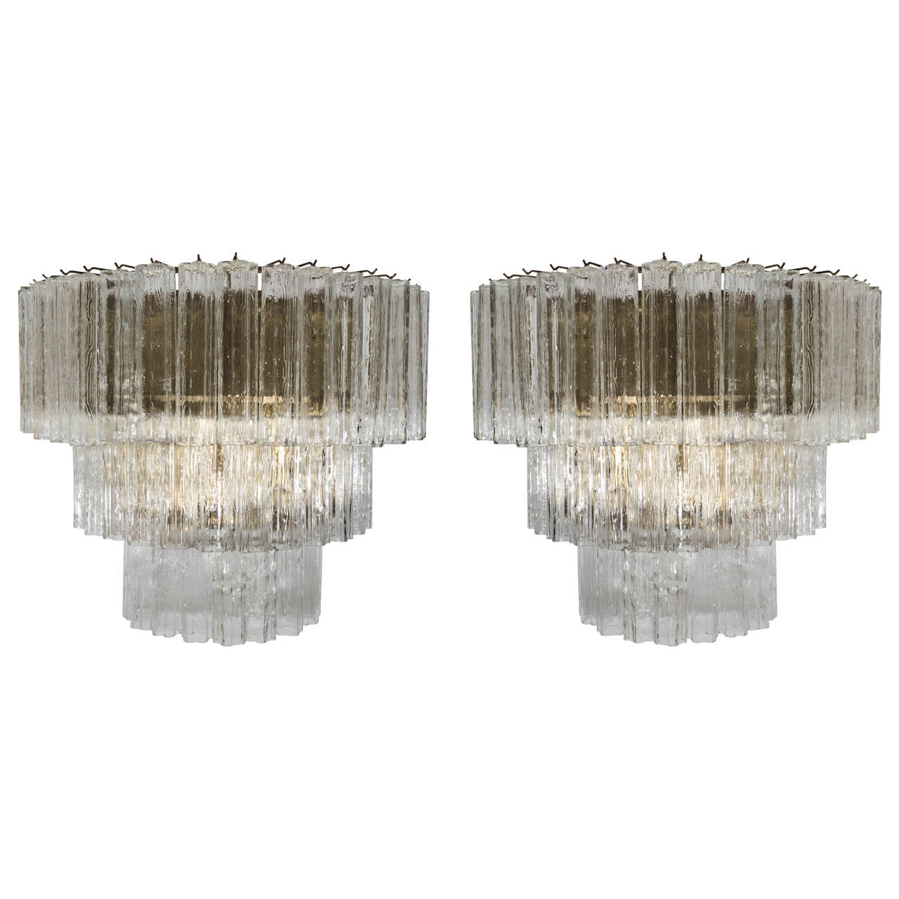 Amazing Pair of Venini Monumental Triple Tier Tronchi Murano Glass Sconces For Sale