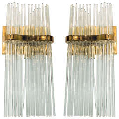 A Pair of Midcentury Brass and Glass Rod Sconces by Lightolier