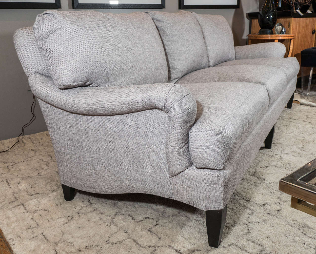 Ebonized Late 20th Century English Arm Sofa in Grey Linen and Down Cushions