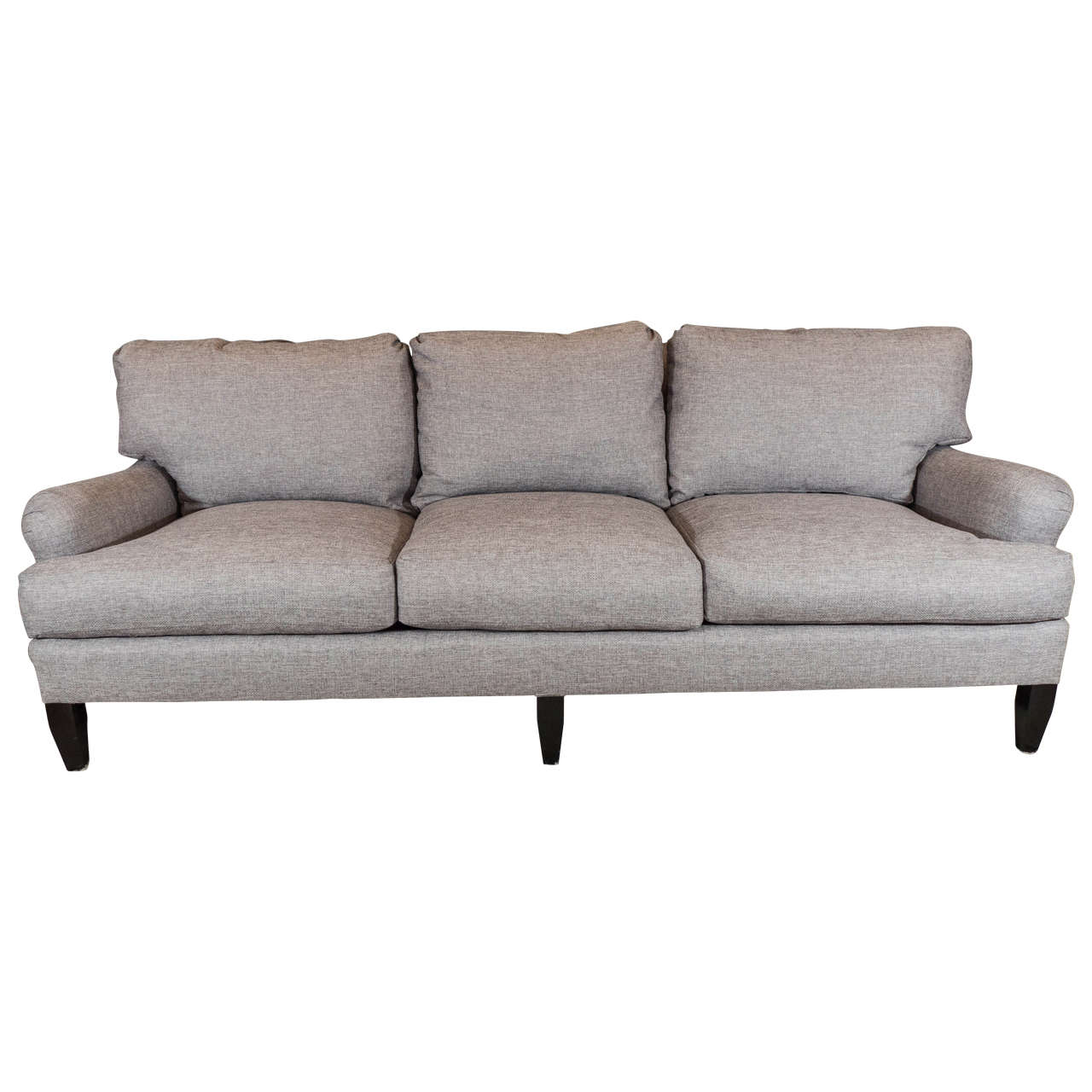 Late 20th Century English Arm Sofa in Grey Linen and Down Cushions