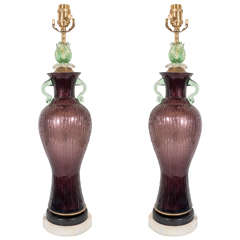 Vintage Pair of Italian Art Glass Table Lamps in Amethyst and Green