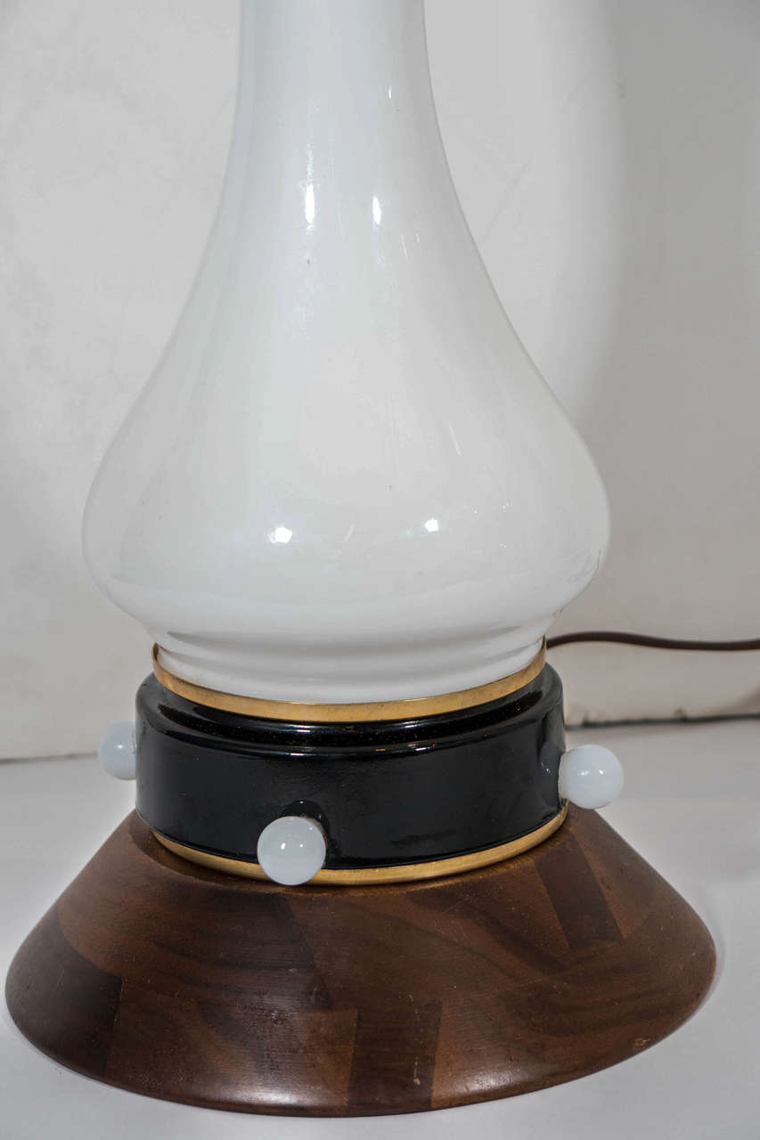 Mid-Century Modern Pair of White Opaline Murano Glass Lamps on Walnut Bases