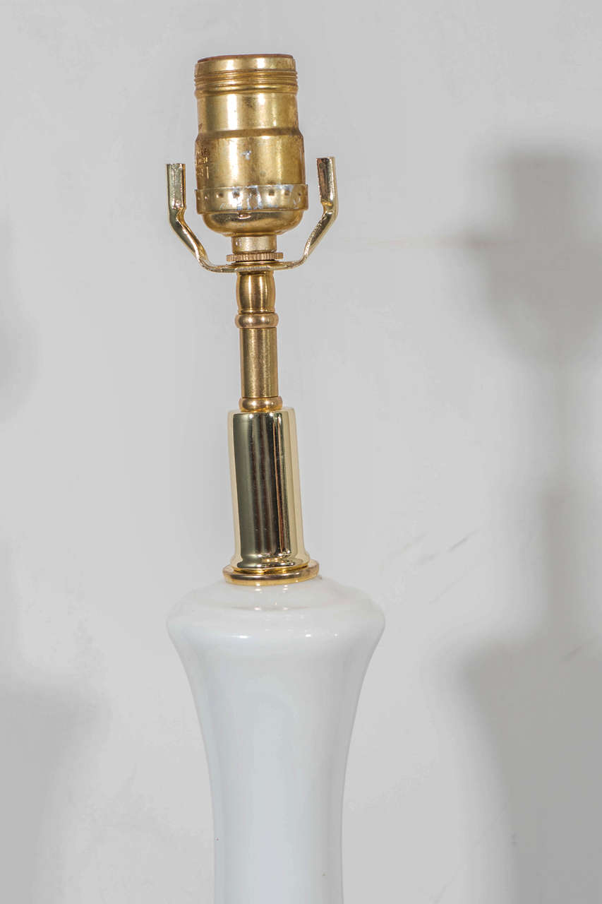 Italian Pair of White Opaline Murano Glass Lamps on Walnut Bases