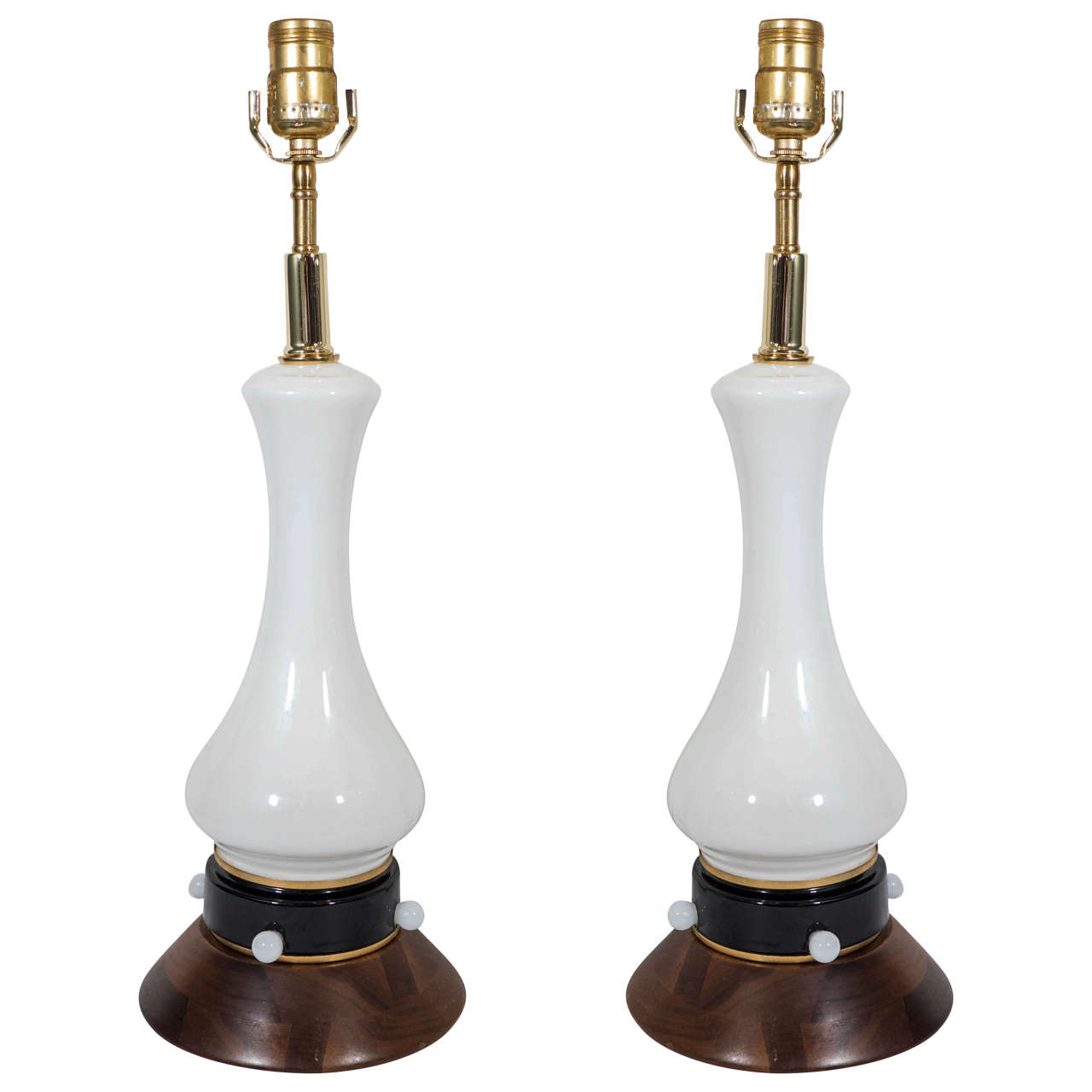 Pair of White Opaline Murano Glass Lamps on Walnut Bases