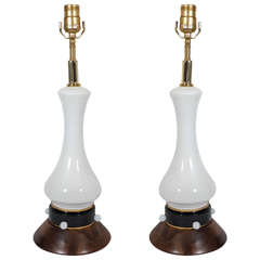 Pair of White Opaline Murano Glass Lamps on Walnut Bases