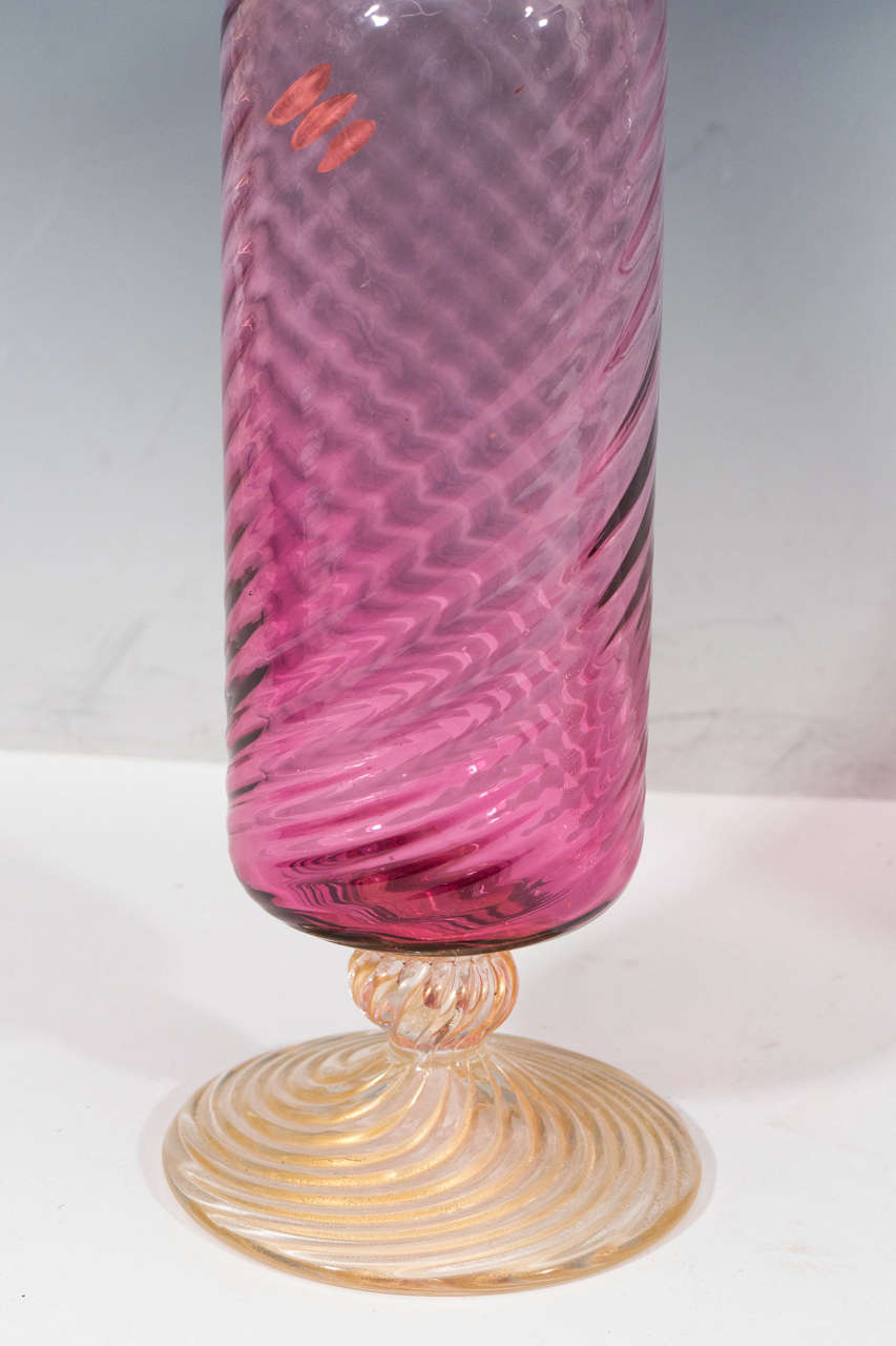 Italian Pair of Mid-Century Murano Glass Decanters in Pink and Gold by Fratelli Toso