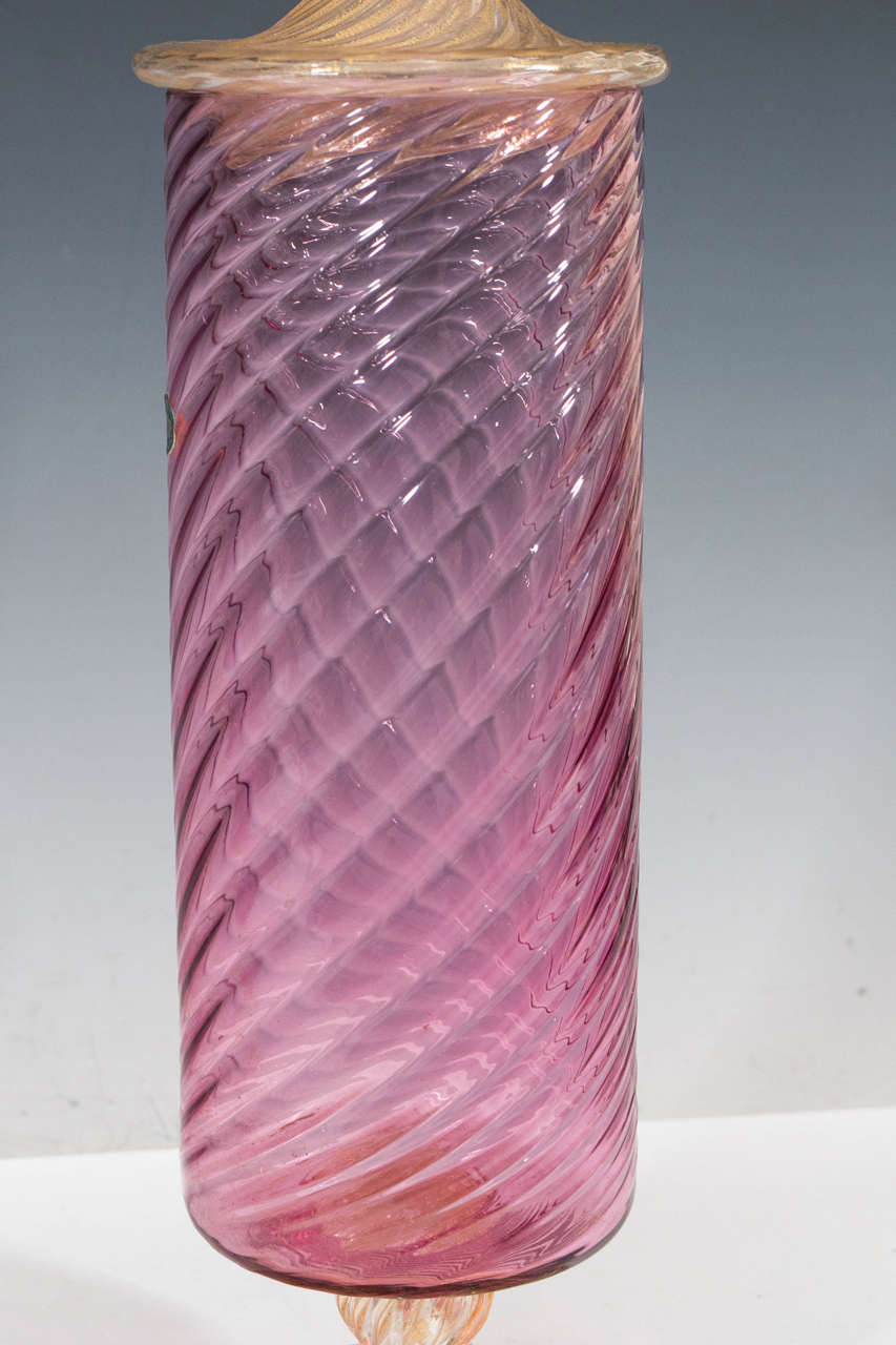 Pair of Mid-Century Murano Glass Decanters in Pink and Gold by Fratelli Toso 1