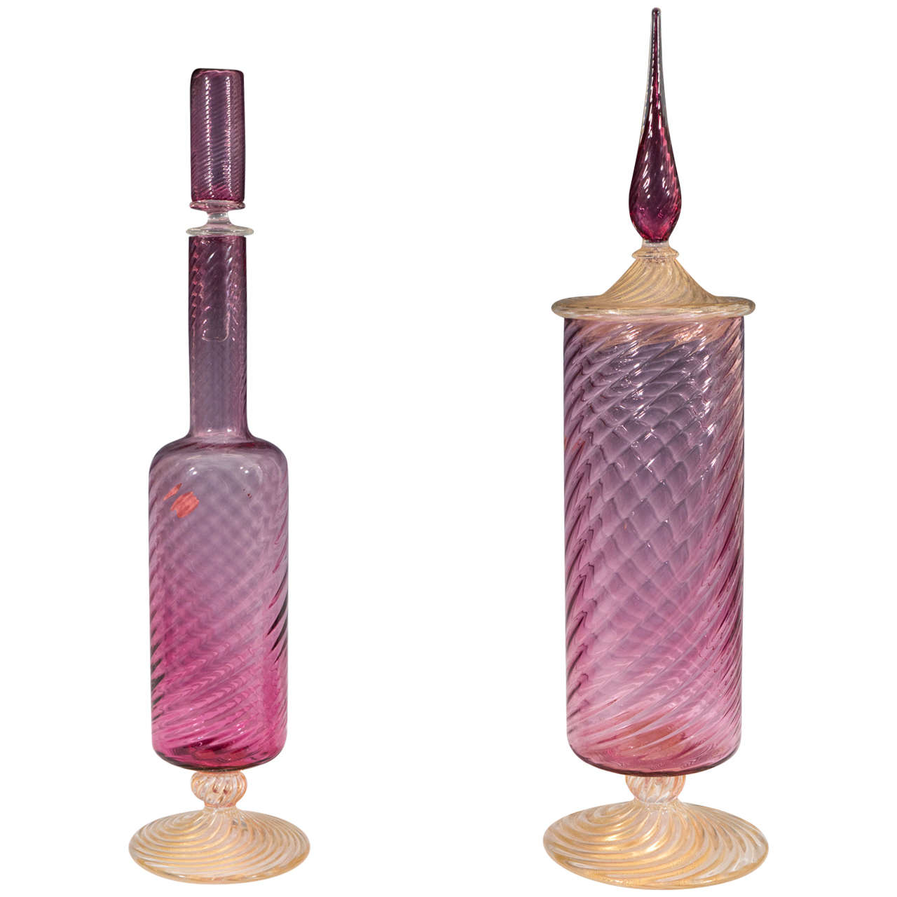 Pair of Mid-Century Murano Glass Decanters in Pink and Gold by Fratelli Toso