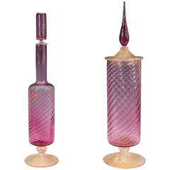 Pair of Mid-Century Murano Glass Decanters in Pink and Gold by Fratelli Toso