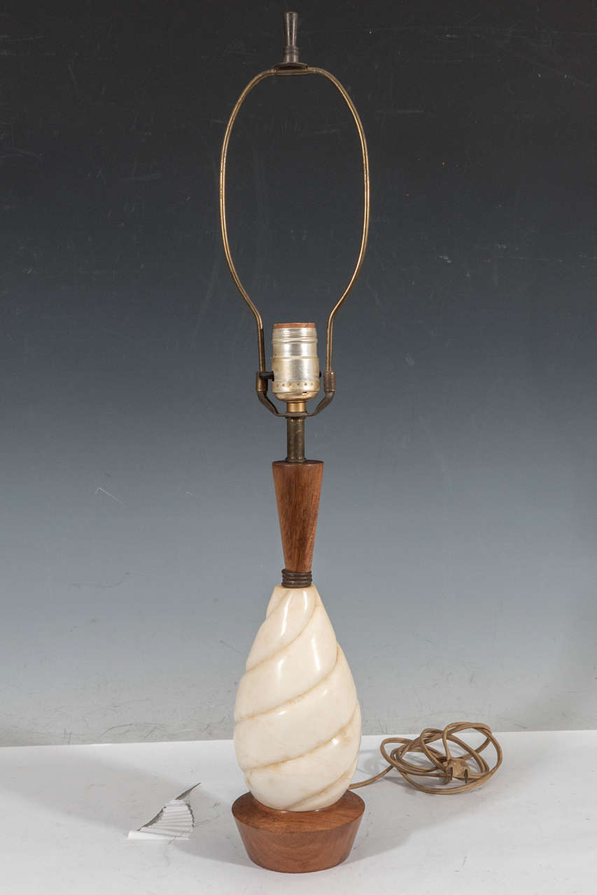 A Pair of Midcentury Danish Modern Alabaster and Walnut Table Lamps