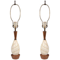 A Pair of Midcentury Danish Modern Alabaster and Walnut Table Lamps