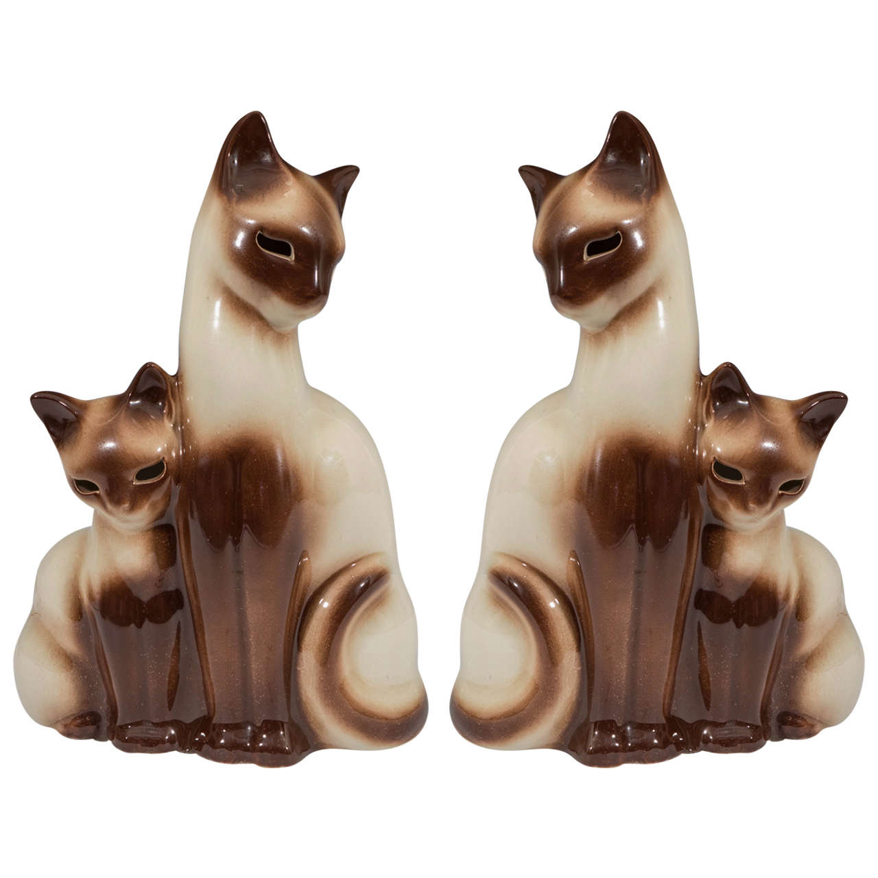 A Midcentury Pair of Ceramic Siamese Cat and Kitten TV Lamps by Howard Kron